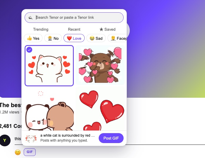 The GIF Comments picker open above a YouTube comment box, with Love GIFs, one selected, and a Post GIF button