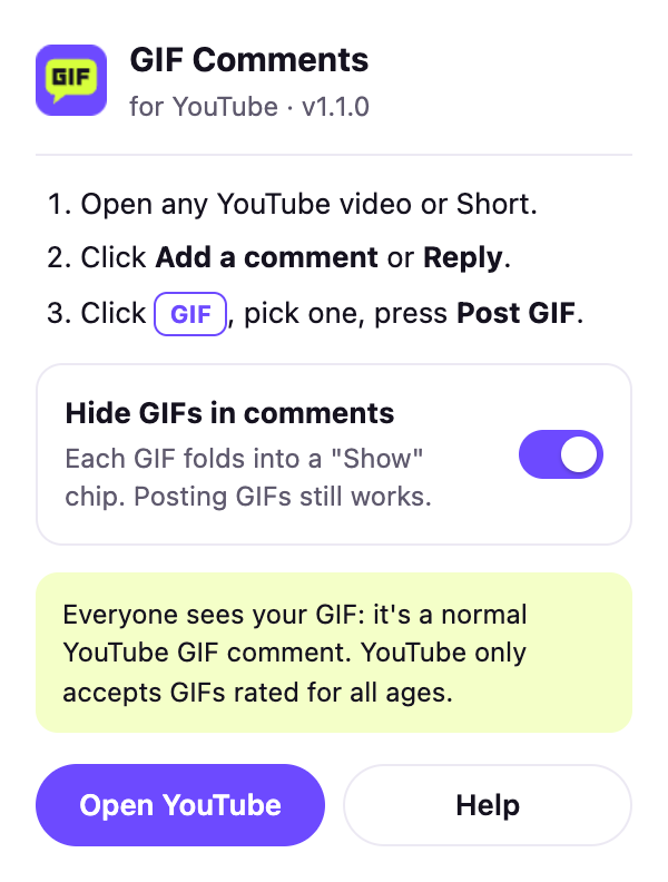 The GIF Comments popup with the Hide GIFs in comments switch turned on